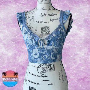 Anthropologie Olivaceous Sleeveless Floral Denim Blue Tie Crop Top Size XS